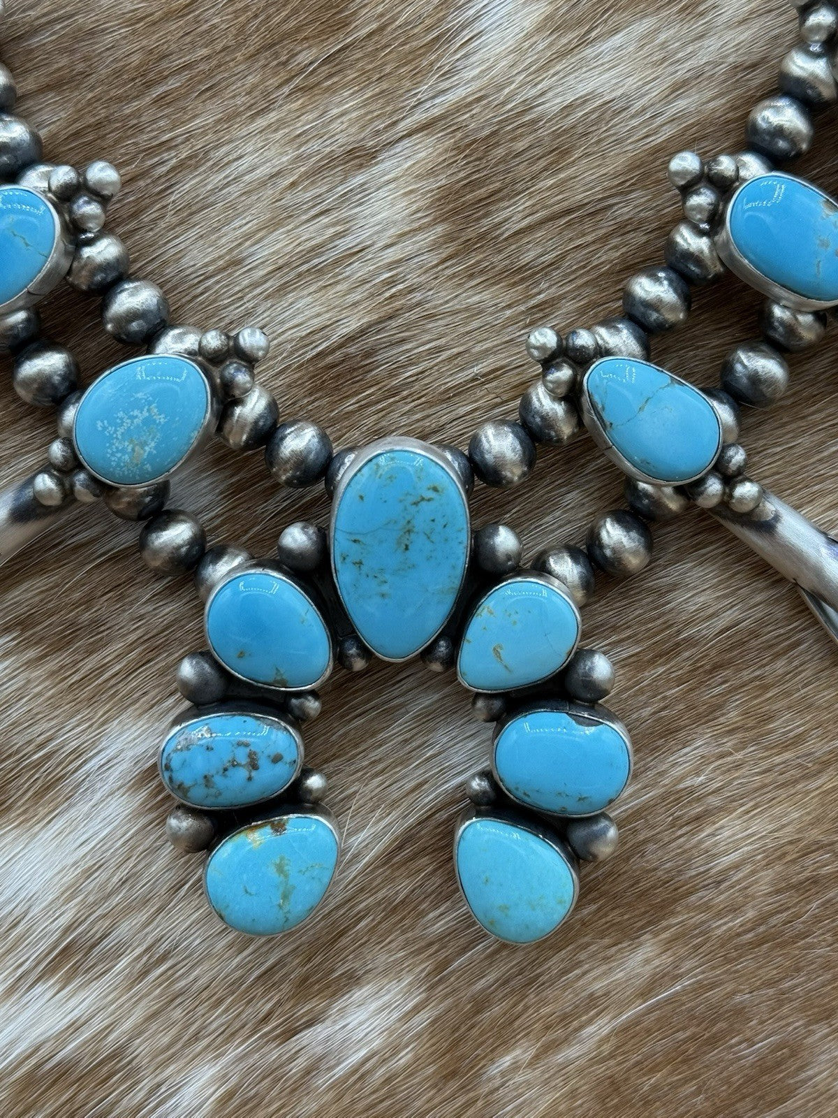 Navajo Handmade Sterling Silver Kingman Turquoise Squash Blossom Necklace 20”