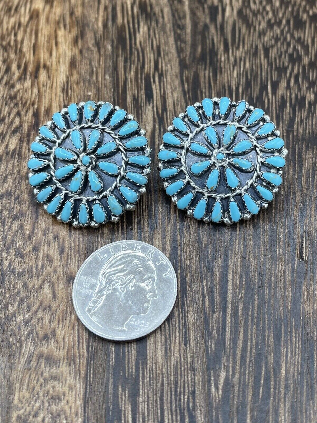 Native American Navajo Handmade Sterling Silver Turquoise Cluster Post earrings