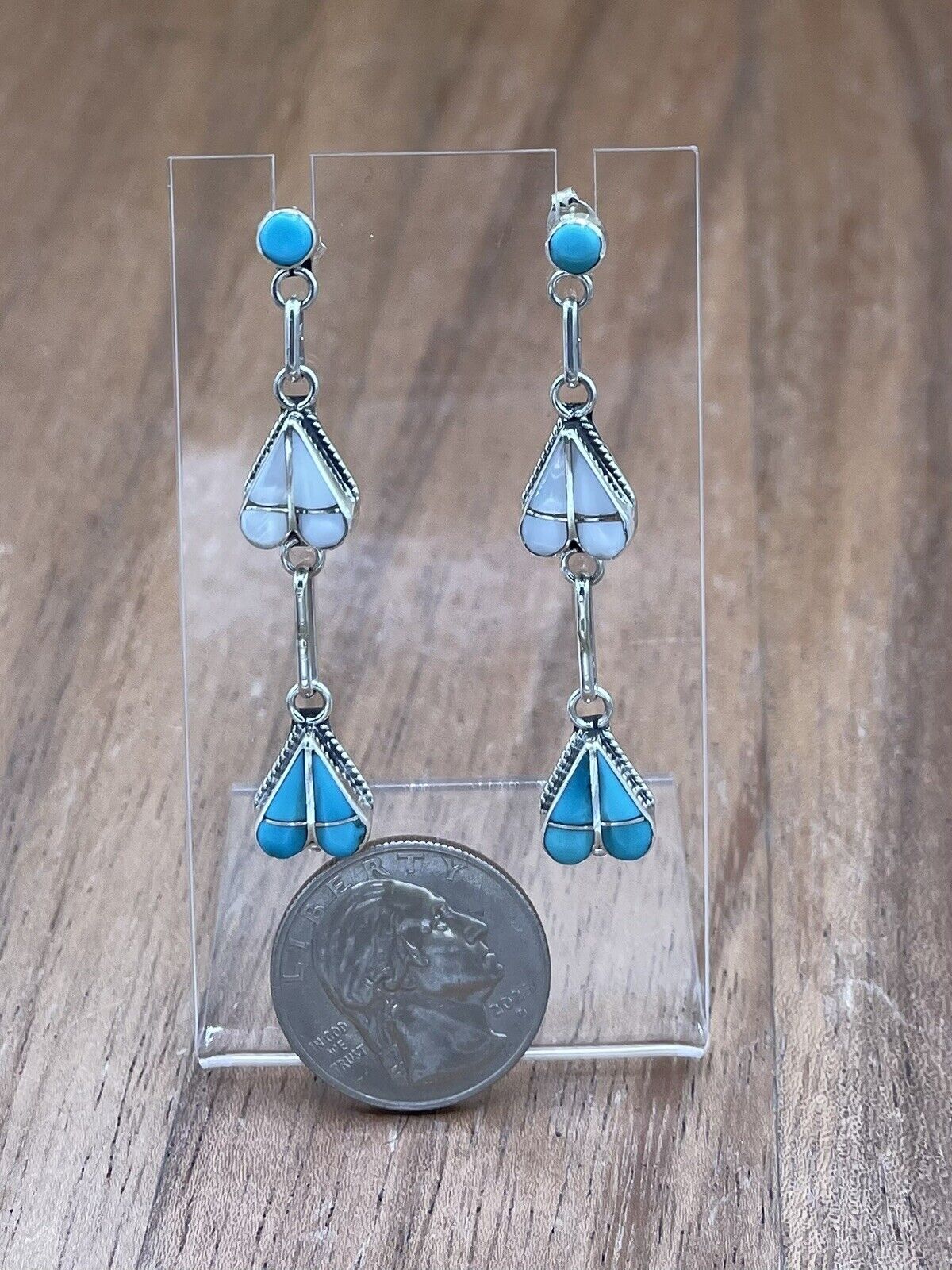 Native American Zuni Handmade Silver Inlay Turquoise Post Dangle Drop Earrings