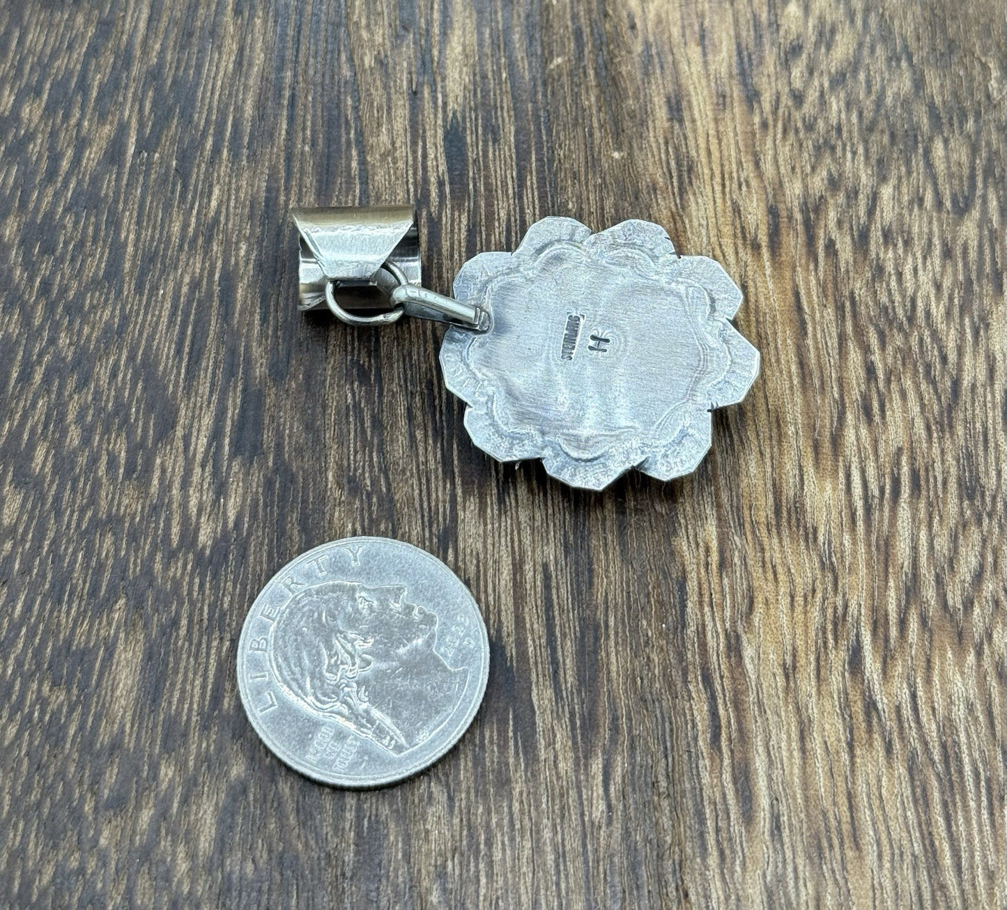 Navajo Handmade Sterling Silver Orange Spiny Oyster Shell Stamped Drop Pendant