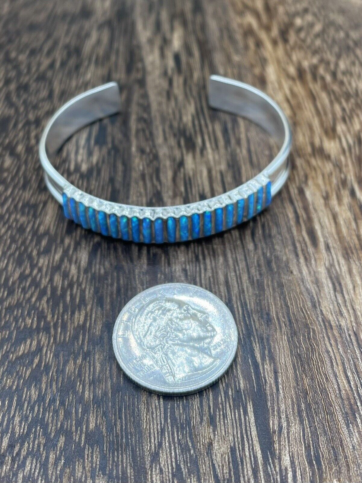 Native American Zuni Handmade Sterling Silver Blue Opal Stacker Cuff Bracelet