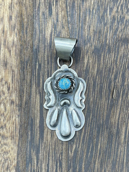 Native American Sterling Silver Navajo Handmade Old Look Turquoise Pendant