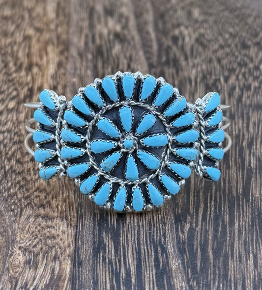 Native American Navajo Handmade Sterling Silver Turquoise Cluster Cuff Bracelet