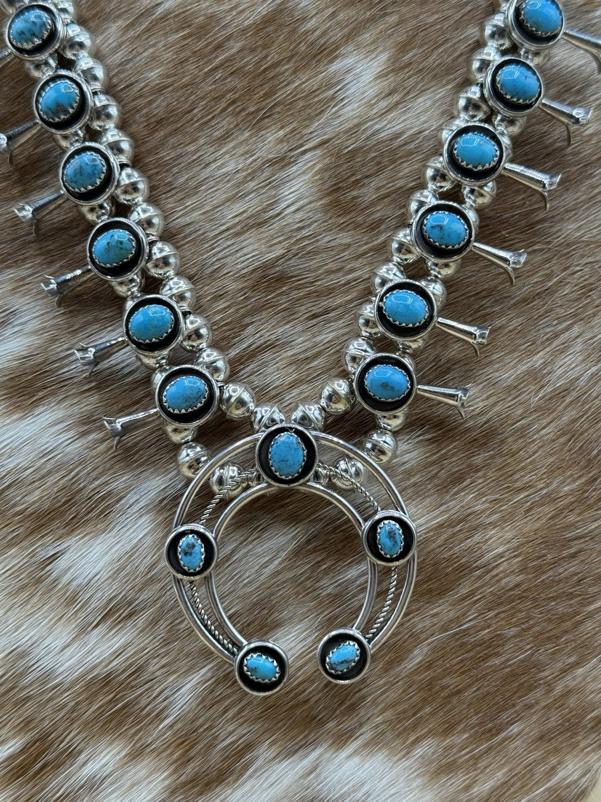 Native American Navajo Handmade Silver Kingman Turquoise Squash Blossom Set 18”