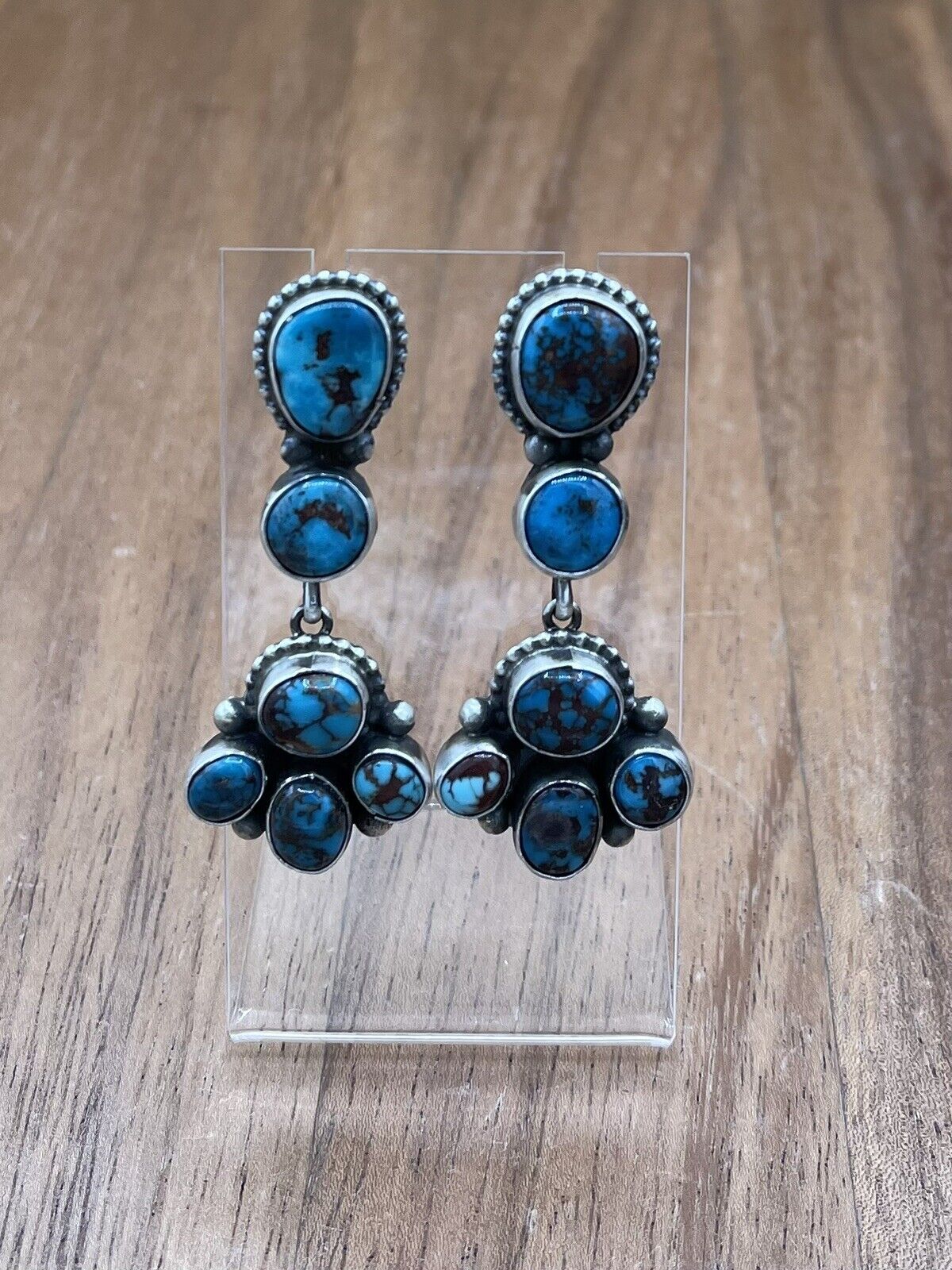 Native American Navajo Handmade Silver Persian Turquoise Dangle Cluster Earrings