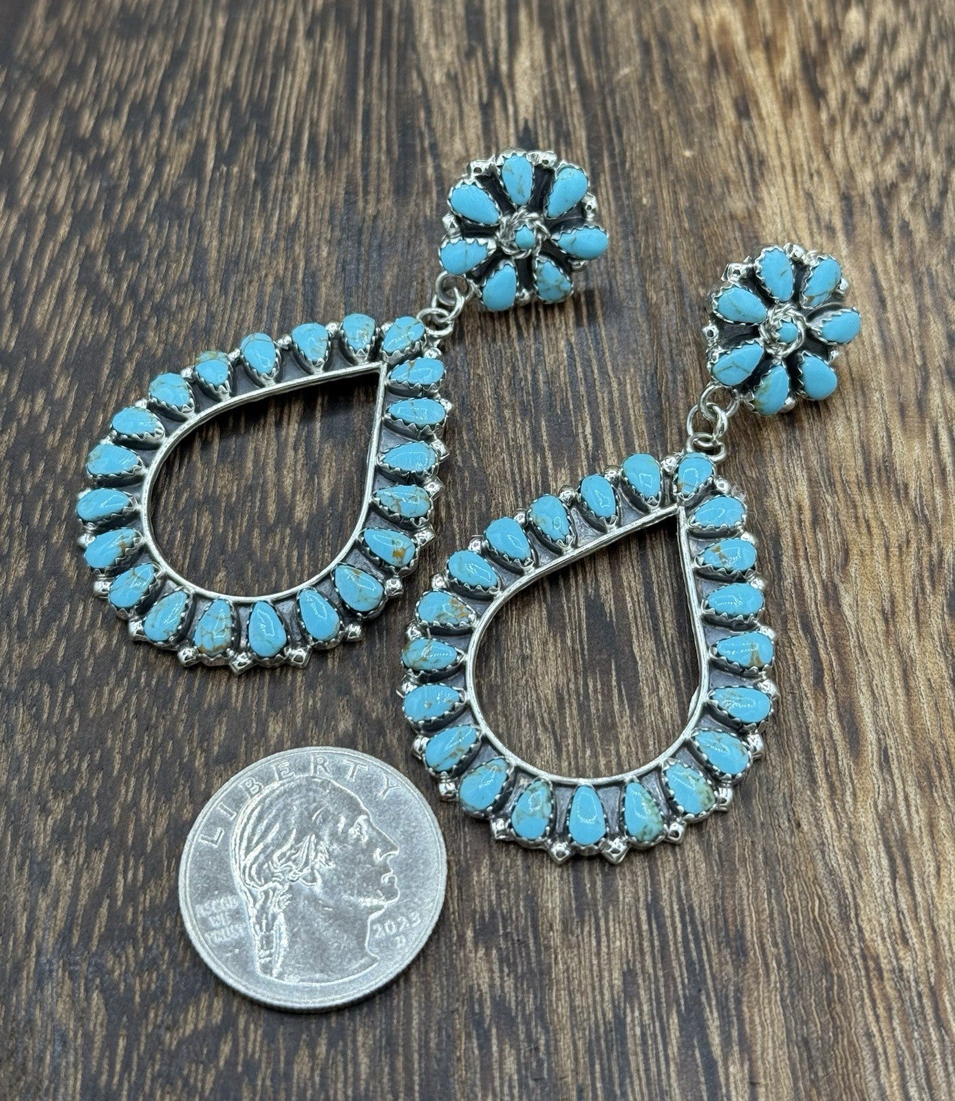 Navajo Handmade Sterling Silver Turquoise Cluster Post Drop earrings Large