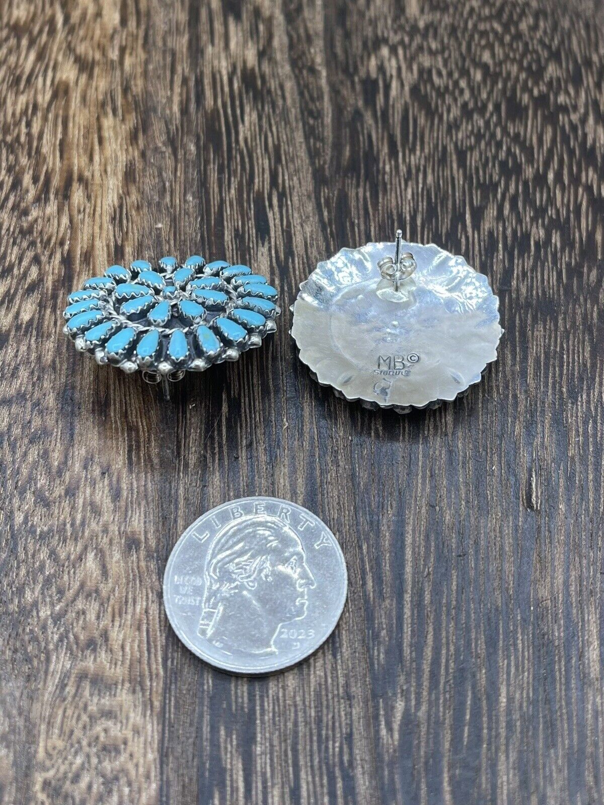 Native American Navajo Handmade Sterling Silver Turquoise Cluster Post earrings