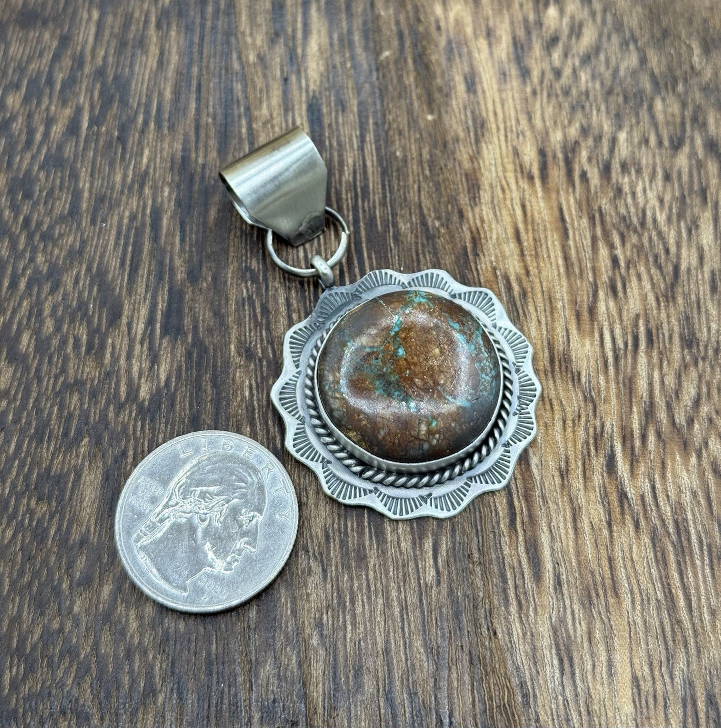 Navajo Handmade Sterling Silver Royston Turquoise Stamped Design Drop Pendant