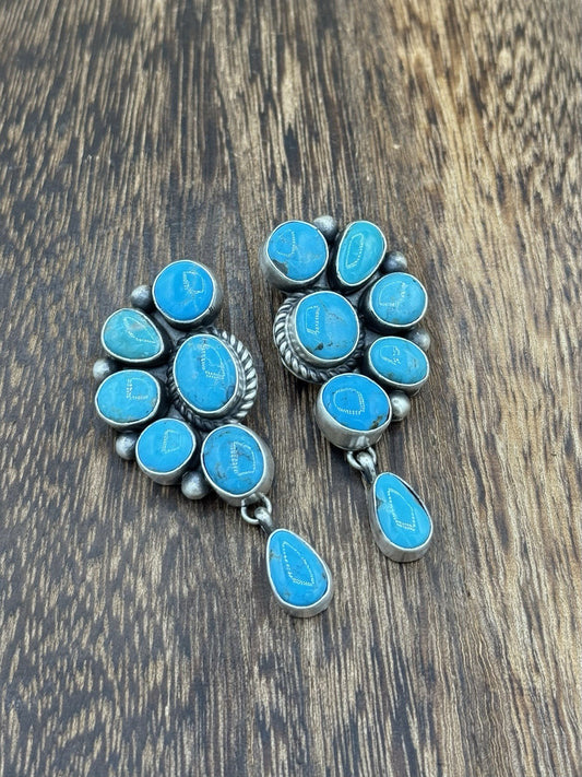 Navajo Handmade Sterling Silver Kingman Turquoise Half Cluster Drop Earrings