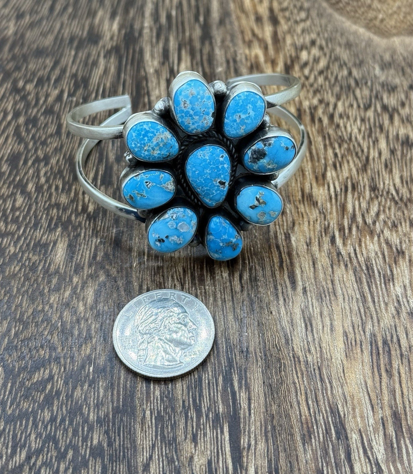 Navajo Handmade Sterling Silver Blue Ridge Turquoise Cluster Cuff Bracelet