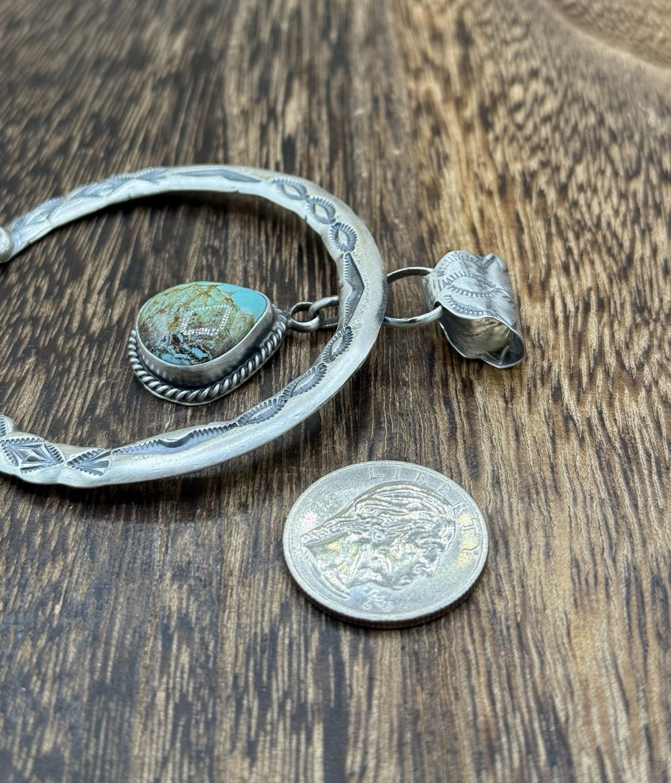 Navajo Handmade Sterling Silver Stamped Blue Glacier Turquoise Naja Pendant