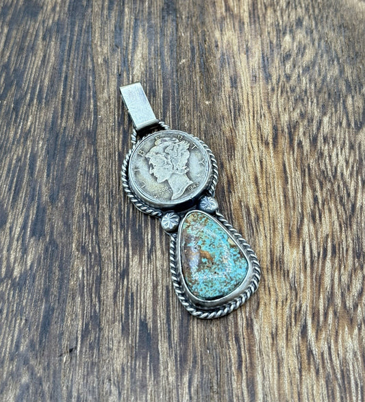 Navajo Handmade Sterling Silver Royston Turquoise Liberty Dime Coin Pendant