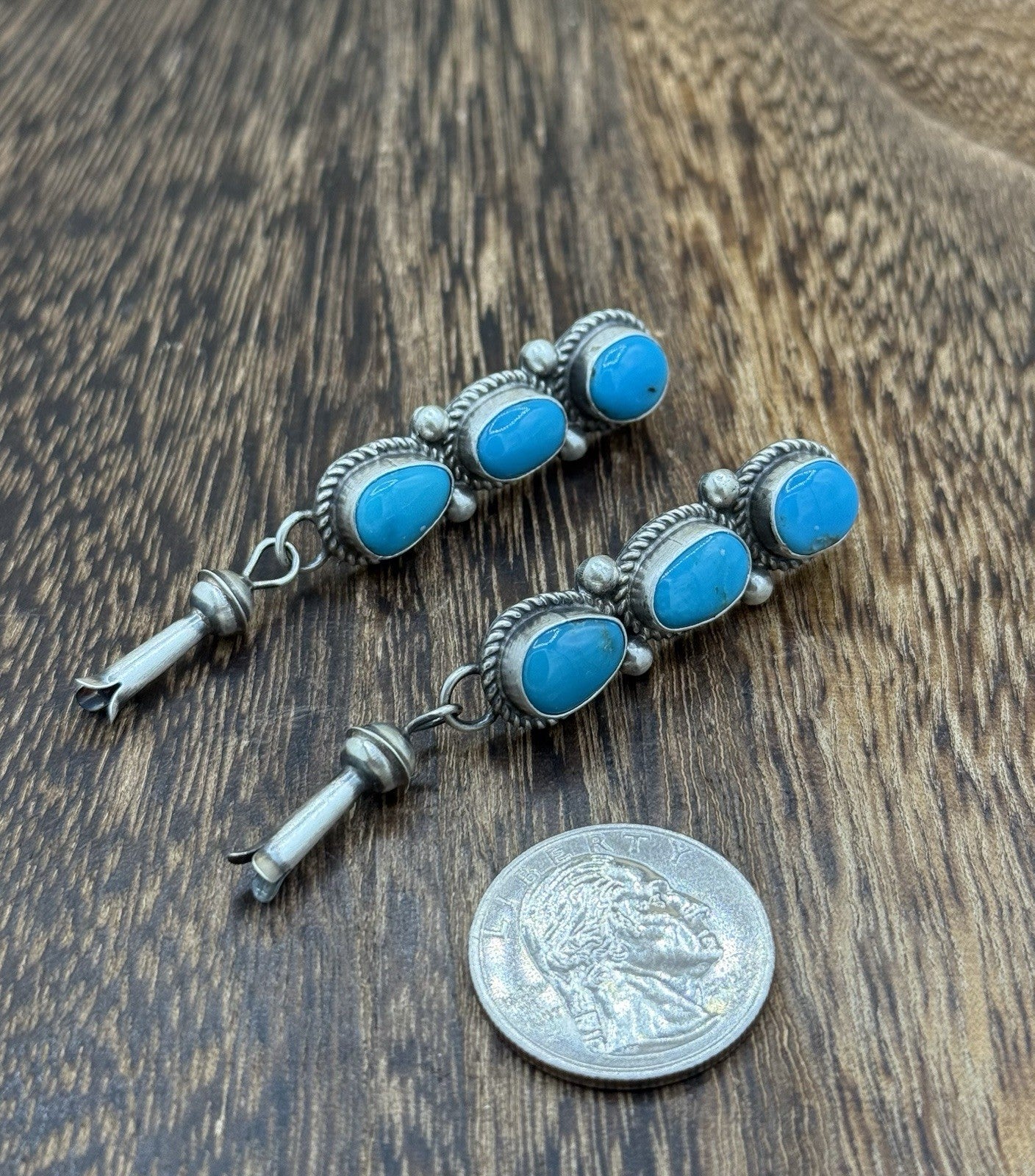 Navajo Handmade Sterling Silver Kingman Turquoise Blossom Post Dangle Earrings