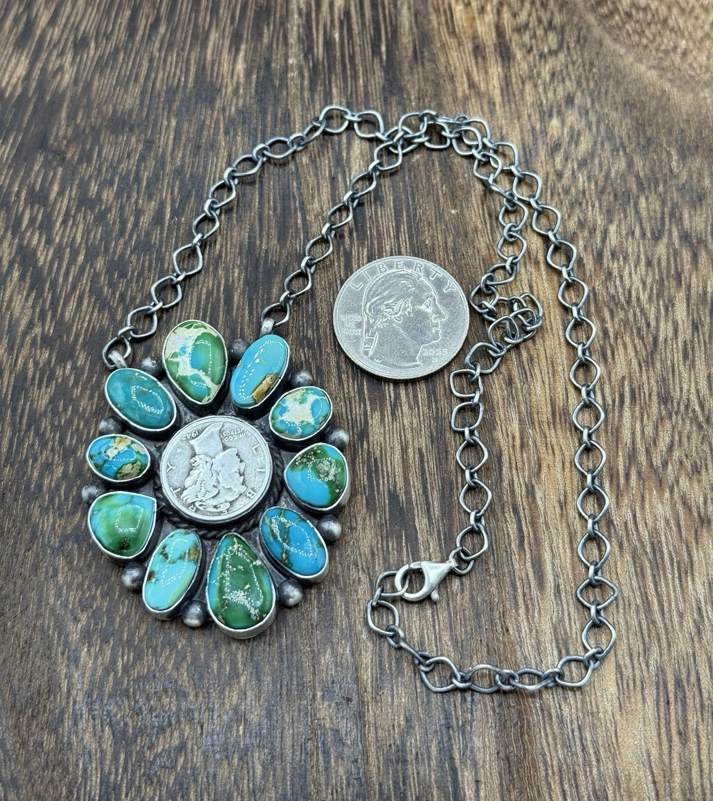 Navajo Handmade Silver Sonoran Gold Turquoise Liberty Coin Cluster Necklace 18”