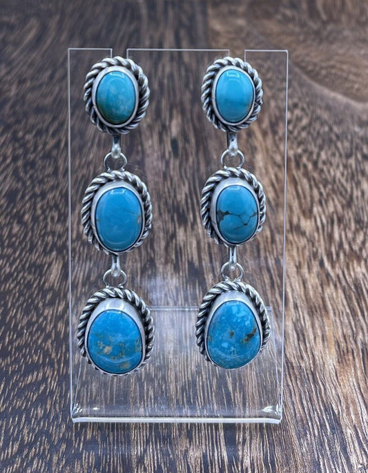 Native American Sterling Silver Navajo Handmade Turquoise Post Dangle Earrings