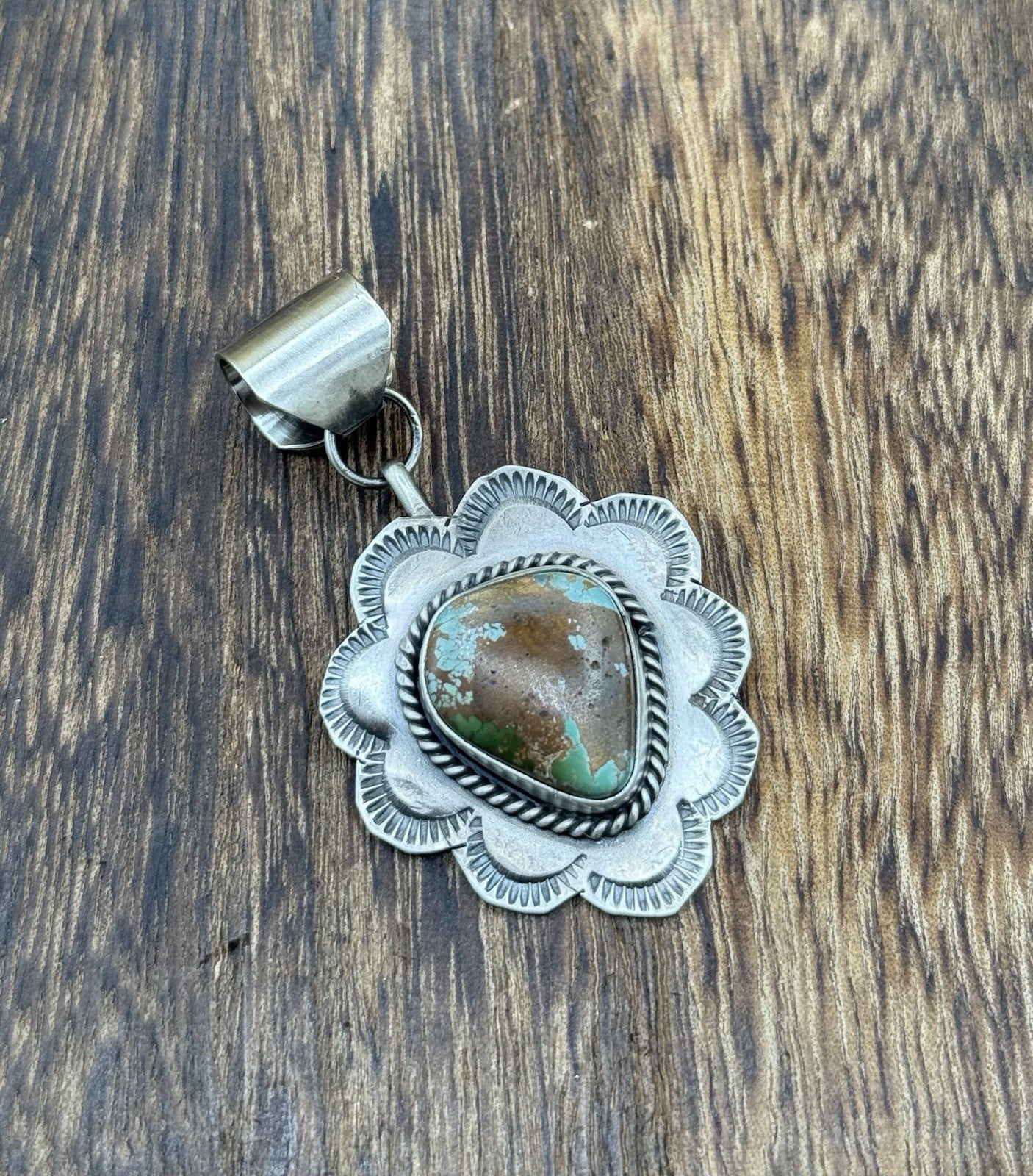 Navajo Handmade Sterling Silver Royston Turquoise Stamped Design Drop Pendant