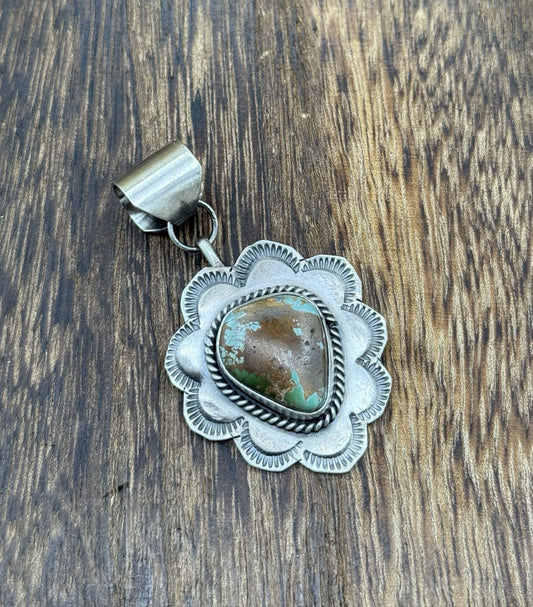 Navajo Handmade Sterling Silver Royston Turquoise Stamped Design Drop Pendant