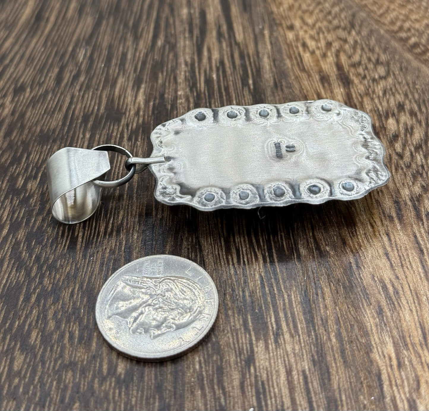 Navajo Handmade Sterling Silver Royston Turquoise Stamped Design Drop Pendant