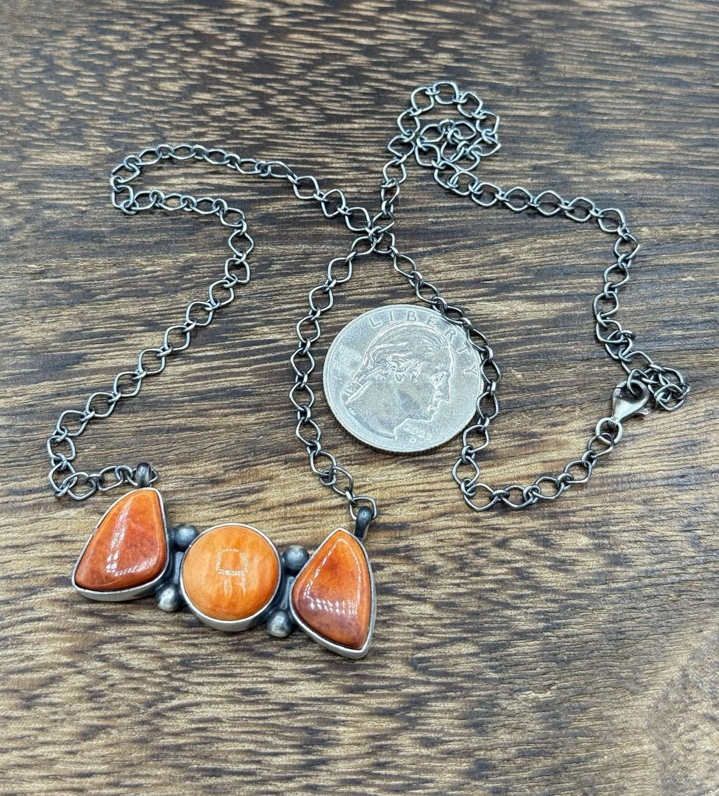 Navajo Handmade Sterling Silver Orange Spiny Oyster Cluster Bar Necklace 18”