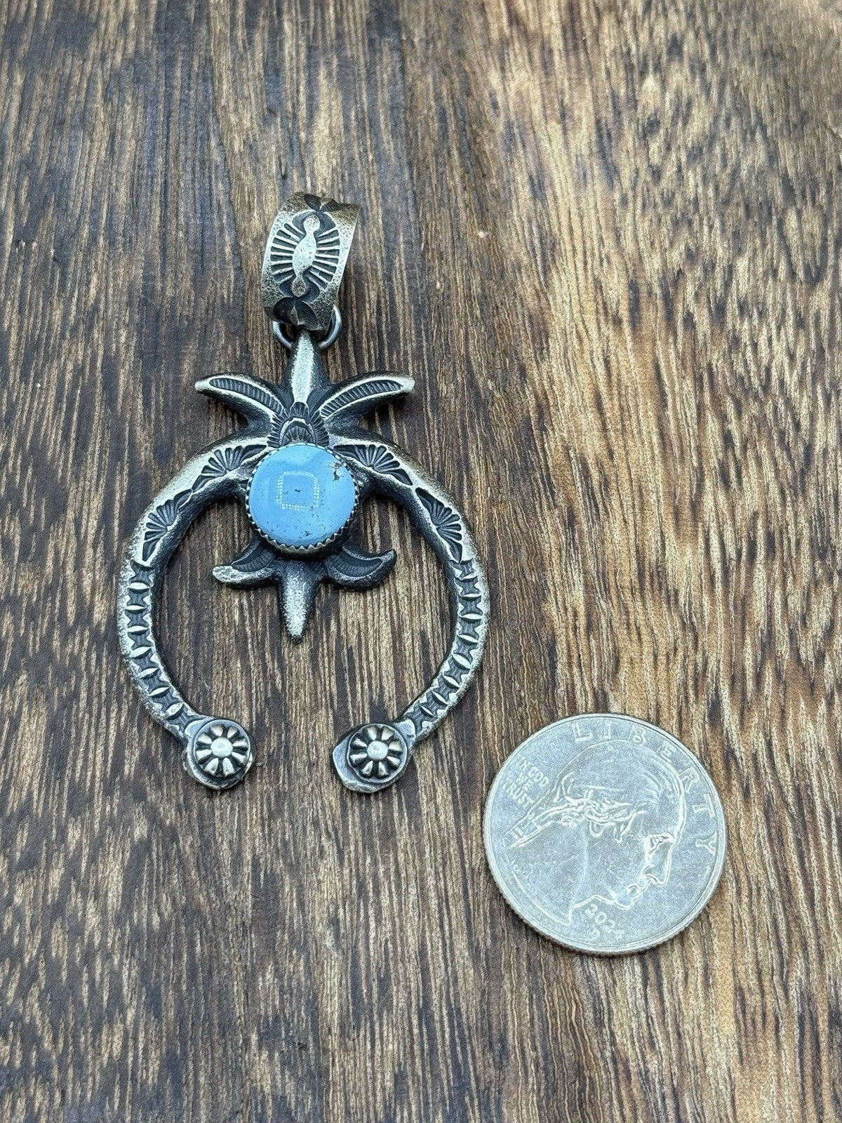 Navajo Handmade Sterling Silver Old Look Golden Hills Turquoise Naja Pendant