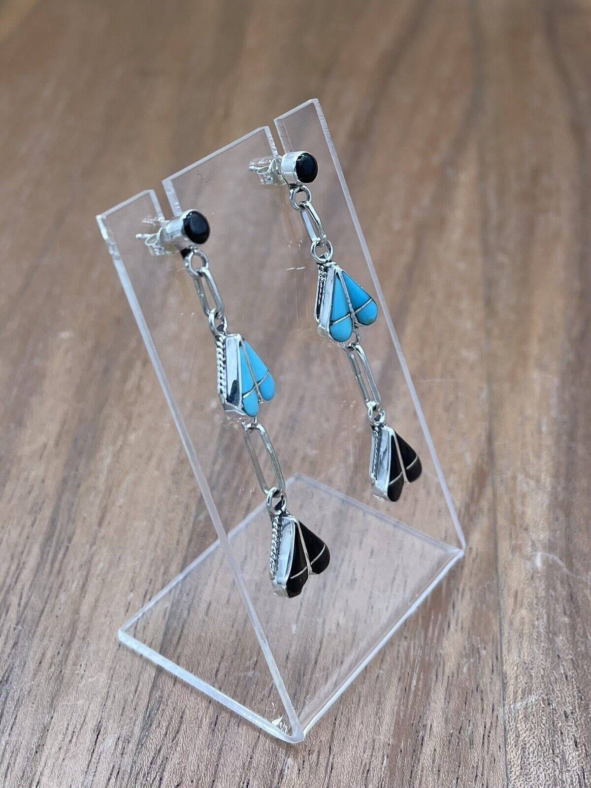 Native American Zuni Handmade Silver Inlay Turquoise Post Dangle Drop Earrings