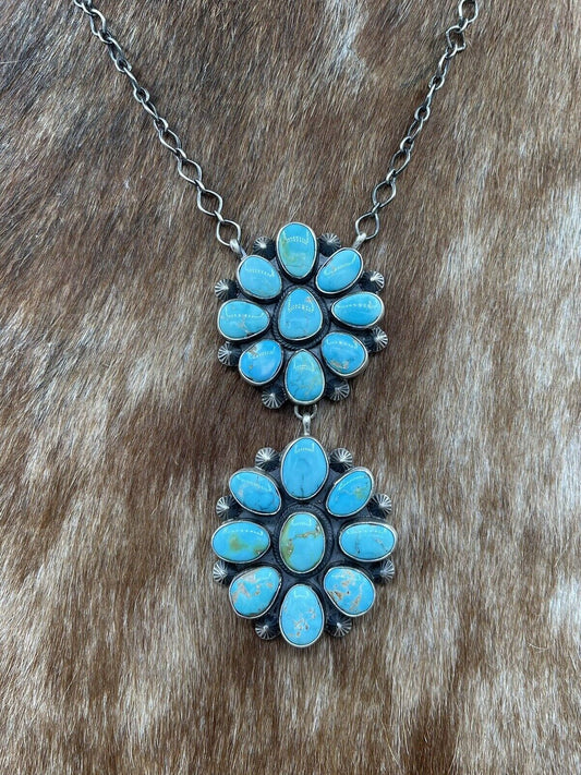 Native American Navajo Handmade Silver Kingman Turquoise Double Cluster Necklace