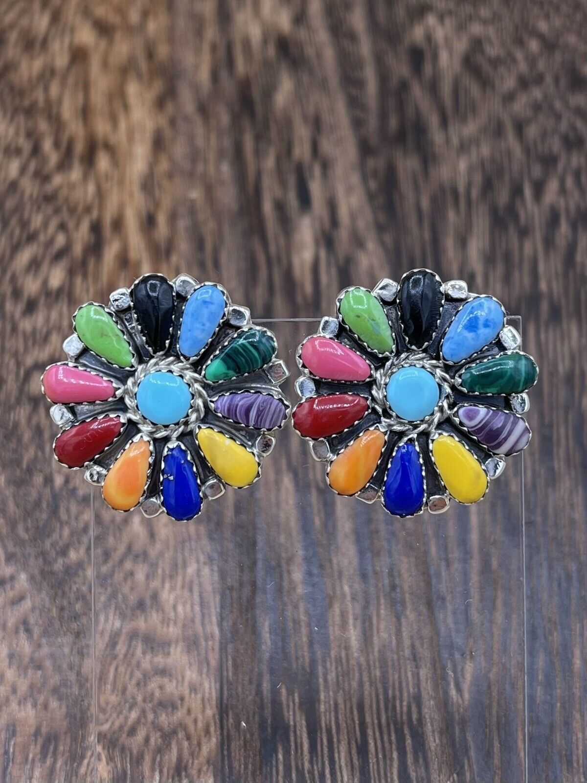 Native American Navajo Handmade Sterling Silver Multicolor Cluster Stud Earrings