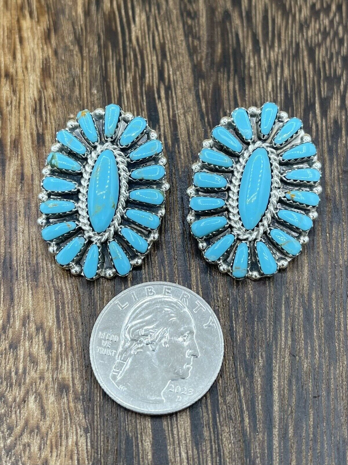 Native American Navajo Handmade Sterling Silver Turquoise Cluster Stud Earrings