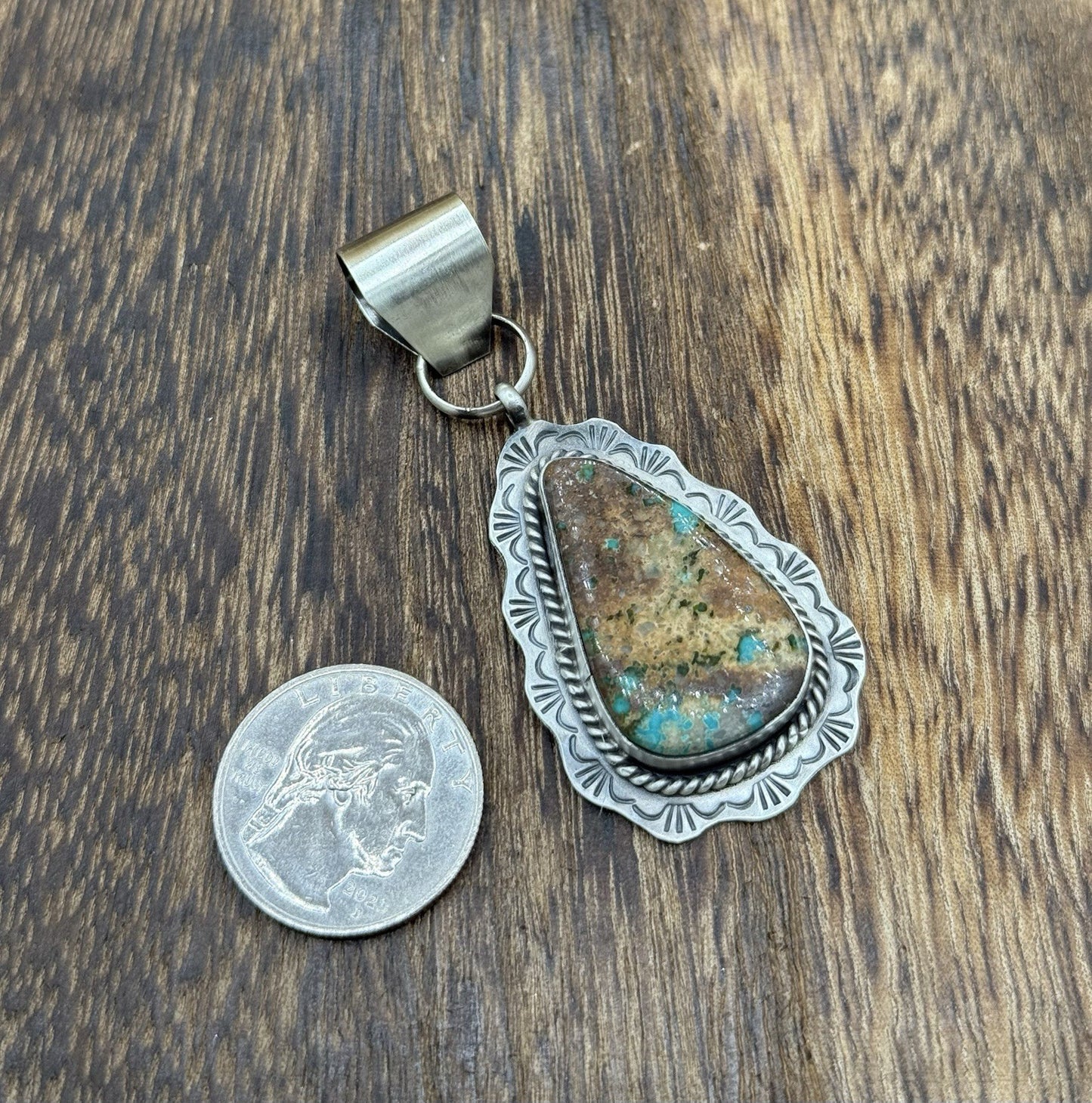Navajo Handmade Sterling Silver Royston Turquoise Stamped Design Drop Pendant