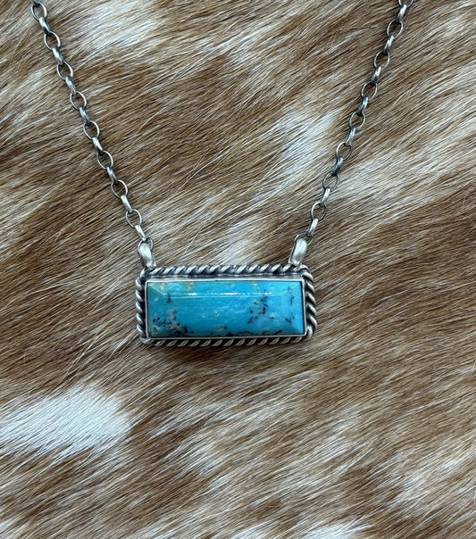Navajo Handmade Sterling Silver Kingman Turquoise Bar Necklace 16” Augustine L.