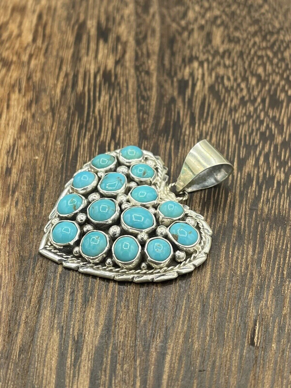 Native American Sterling Silver Navajo Handmade Natural  Turquoise Heart Pendant