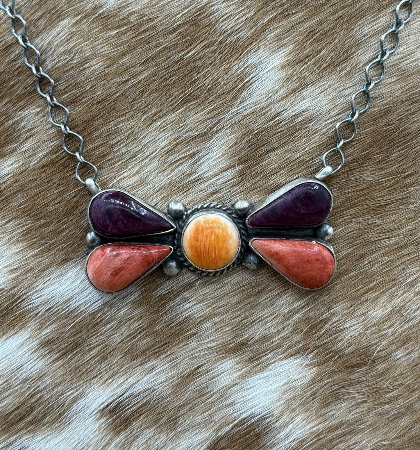 Navajo Handmade Sterling Silver Multi Stone Color Cluster Bar Necklace 18”