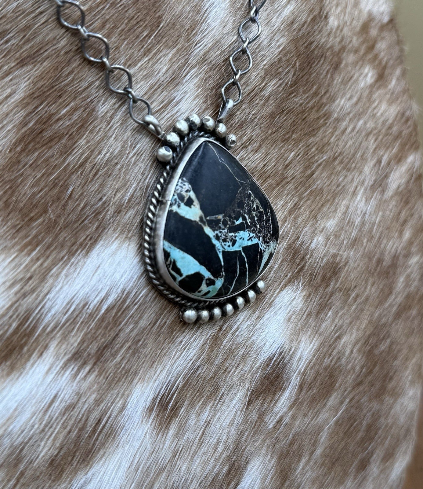 Native Navajo Handmade Sterling Silver Blackjack Turquoise Bar Necklace 18”