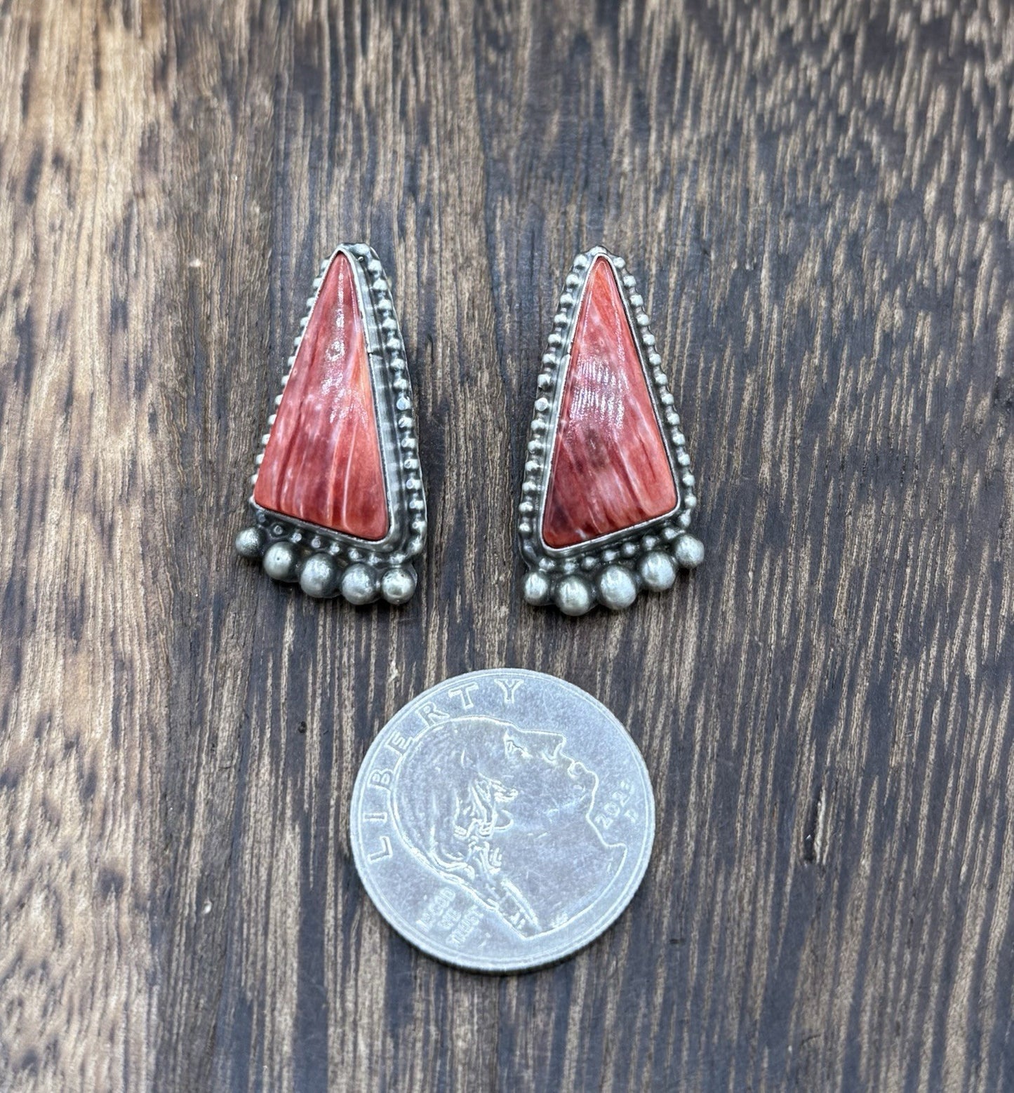 Native Navajo Handmade Sterling Silver Red Spiny Oyster Shell Post Stud Earrings