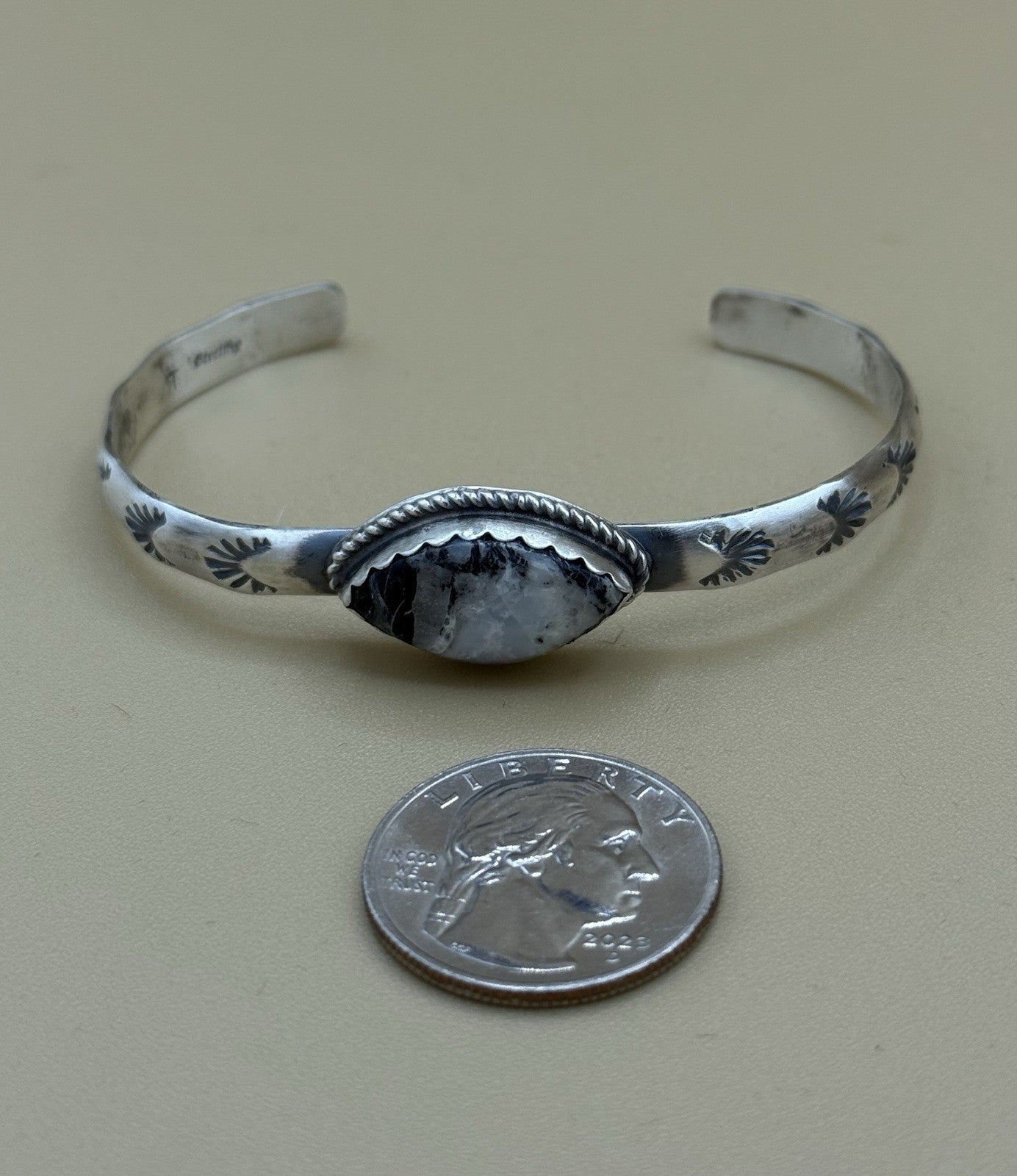 Navajo Handmade Sterling Silver White Buffalo Stamped Stacker Cuff Bracelet