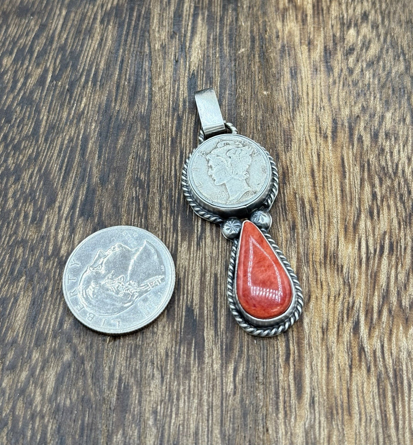 Navajo Handmade Sterling Silver Red Spiny Oyster Shell Liberty Dime Coin Pendant