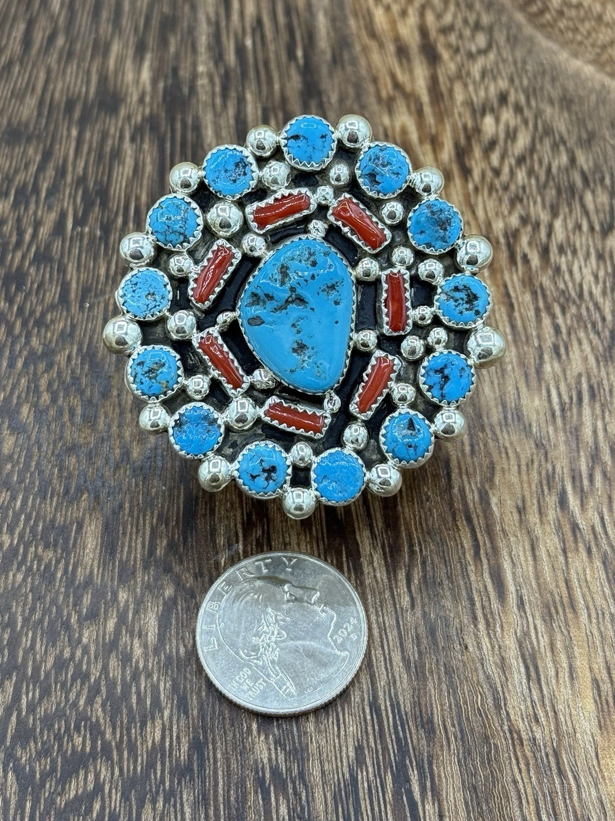 Navajo Handmade Sterling Silver Sleeping Beauty Turquoise & Coral Adjustable 6-9