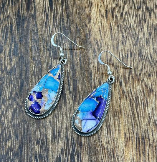 Navajo Handmade Sterling Silver Violet Rose & Blue Dahlia Dangle Drop Earrings