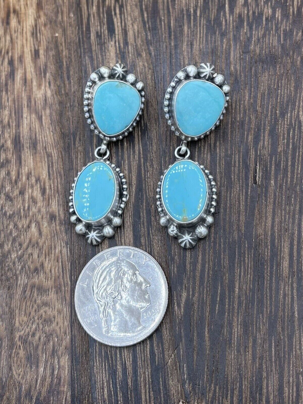 Native American Sterling Silver Navajo Handmade Turquoise Post Dangle Earrings