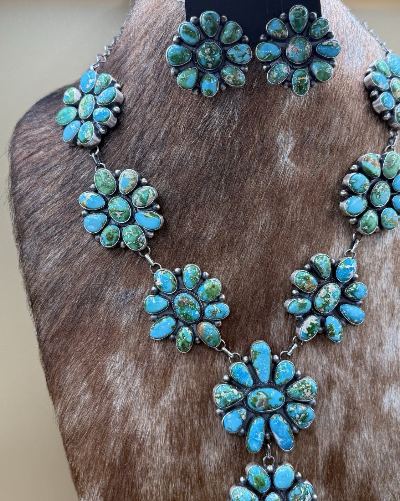 Navajo Handmade Sterling Silver Sonoran Turquoise Cluster Lariat Necklace 24”