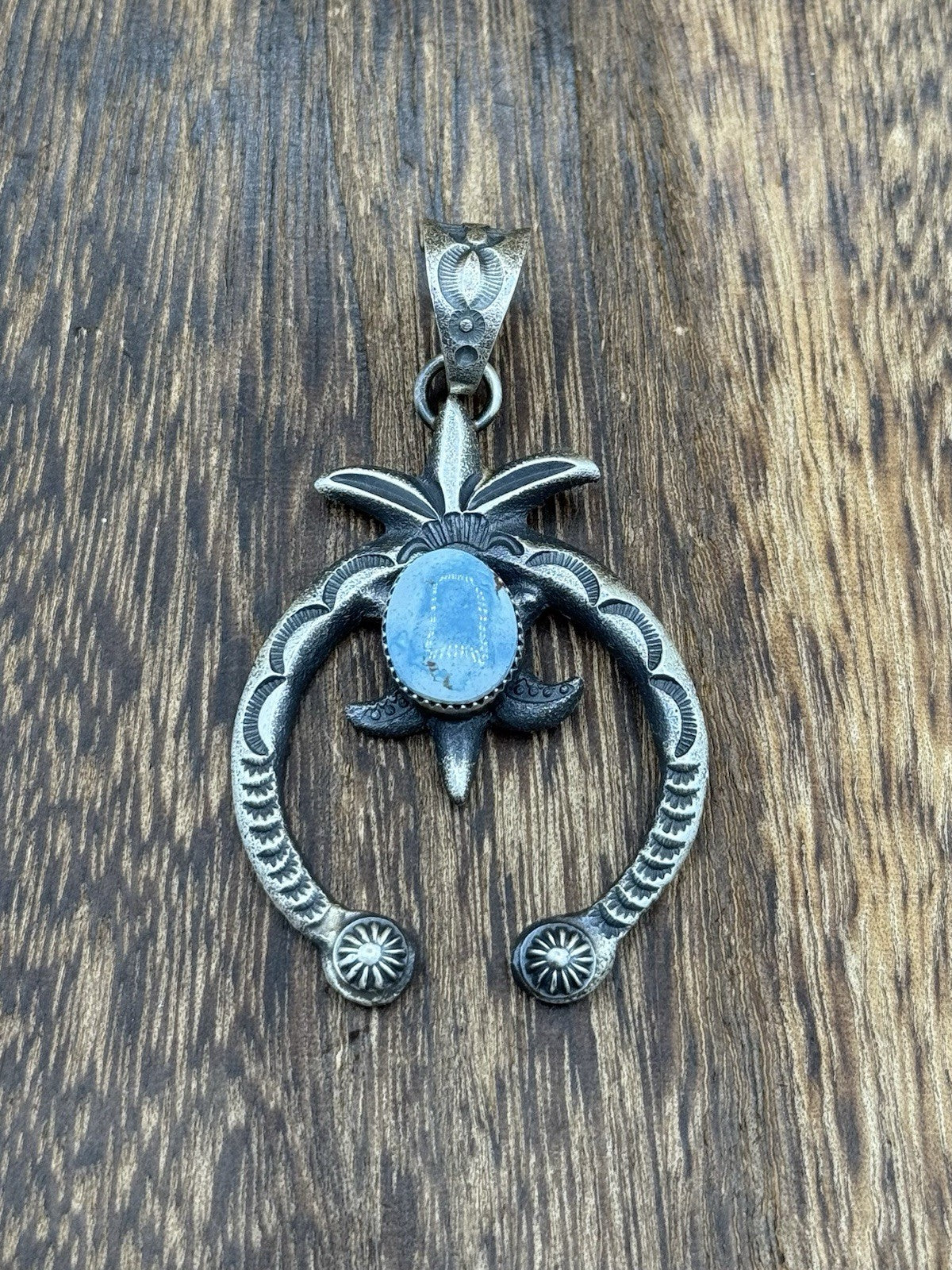 Navajo Handmade Sterling Silver Old Look Golden Hills Turquoise Naja Pendant