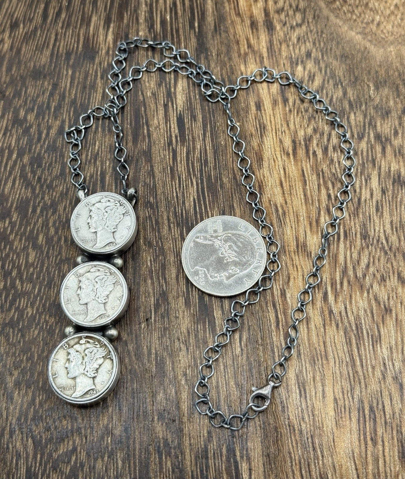 Navajo Handmade Sterling Silver Liberty Dime Cluster Bar Lariat Necklace 18”