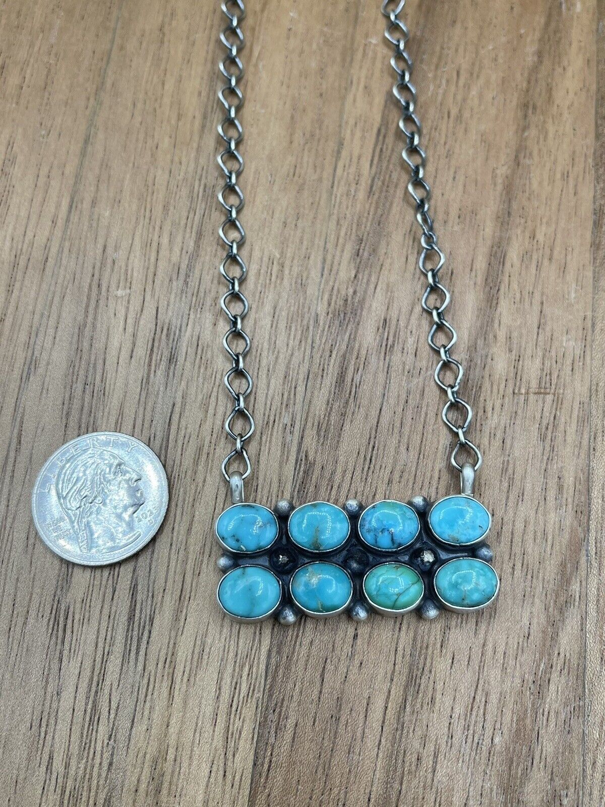 Native American Navajo Handmade Silver Turquoise Cluster Bar Necklace 18