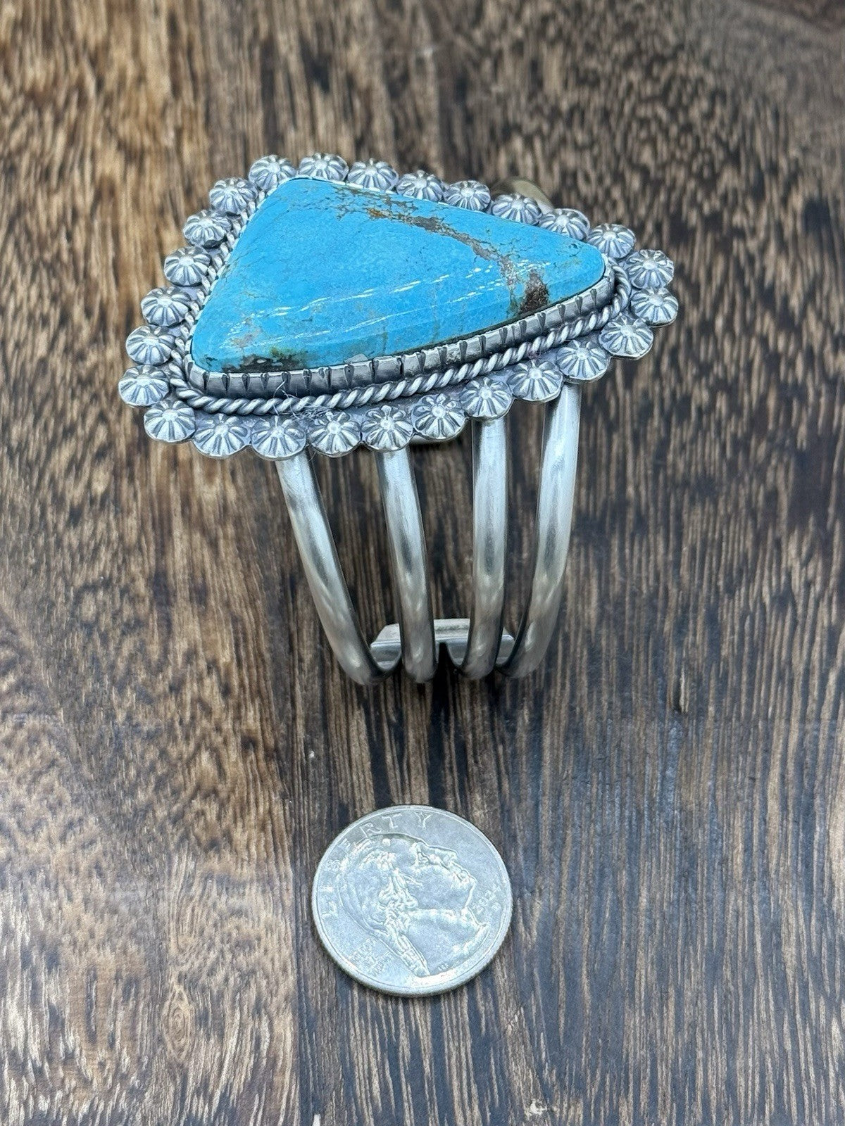 Native Navajo Handmade Sterling Silver Kingman Turquoise Old Look Cuff Bracelet