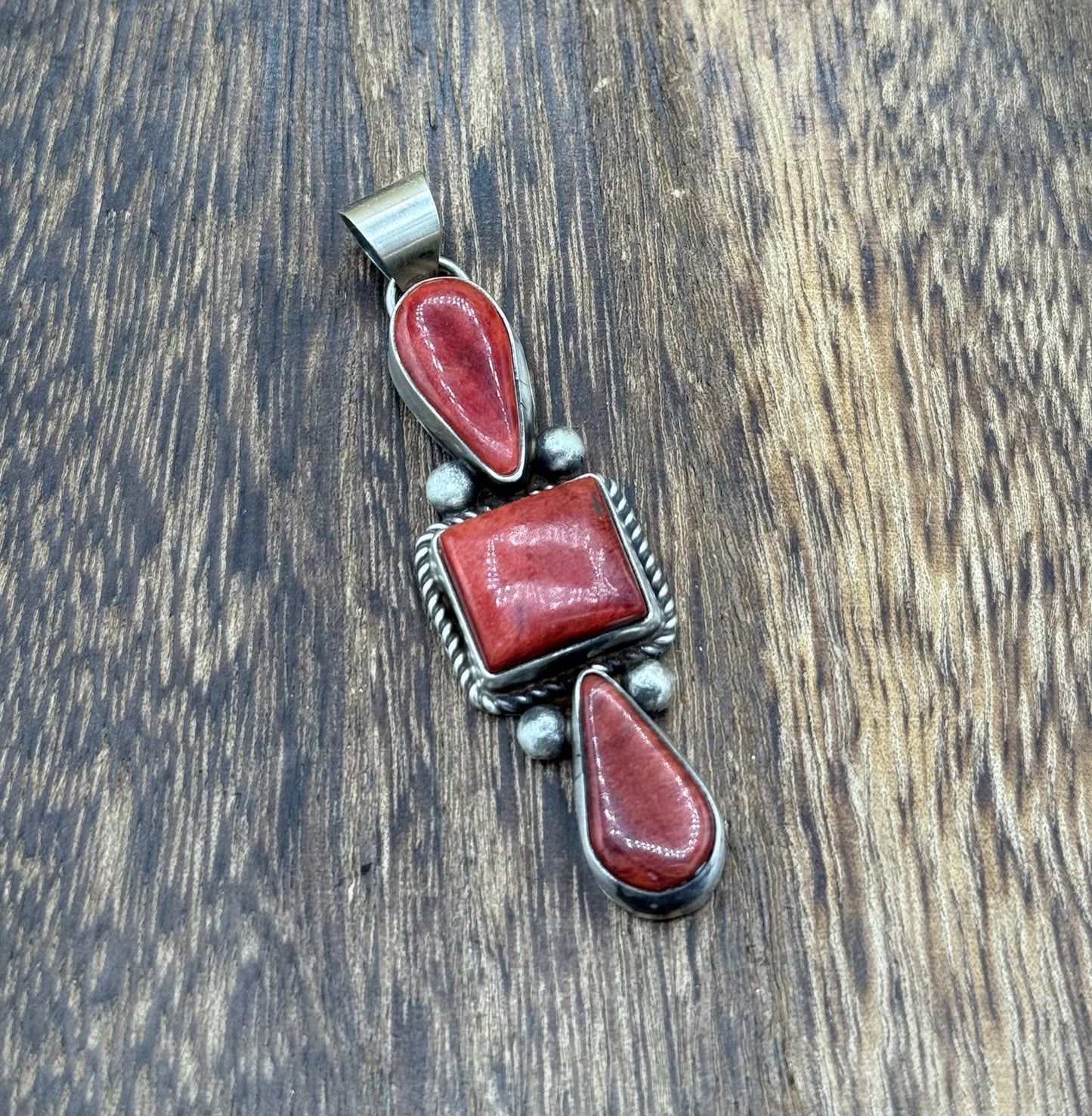 Navajo Handmade Sterling Silver Red Spiny Oyster Shell Cluster Drop Pendant