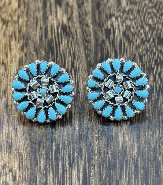 Native American Navajo Handmade Sterling Silver Turquoise Cluster Post earrings