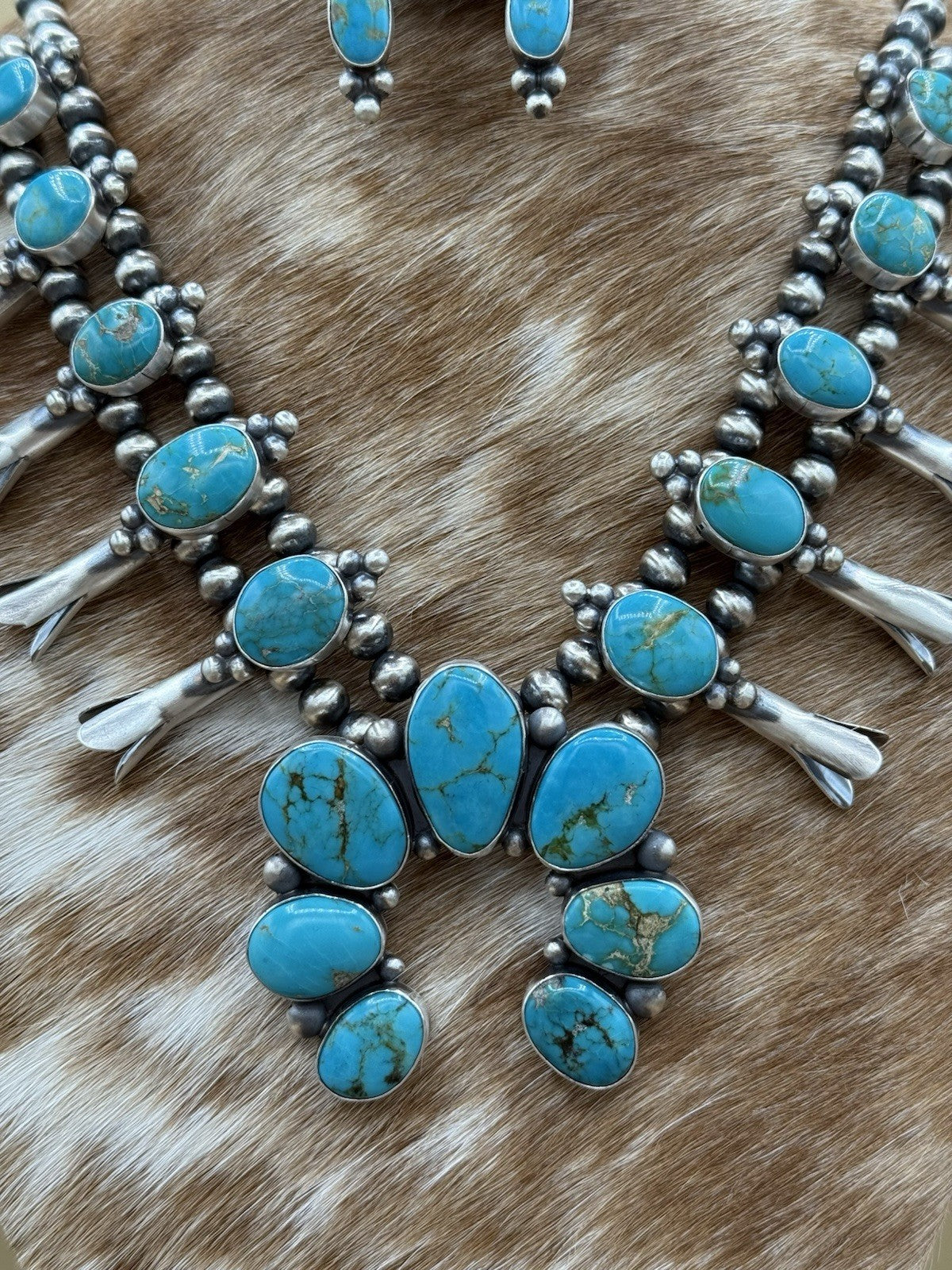Navajo Handmade Sterling Silver Kingman Turquoise Squash Blossom Necklace 20”