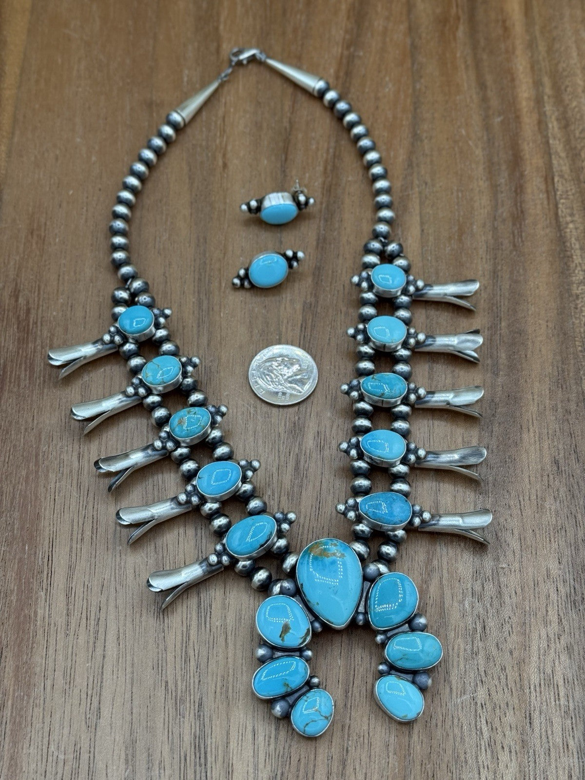 Navajo Handmade Sterling Silver Kingman Turquoise Squash Blossom Necklace 20”