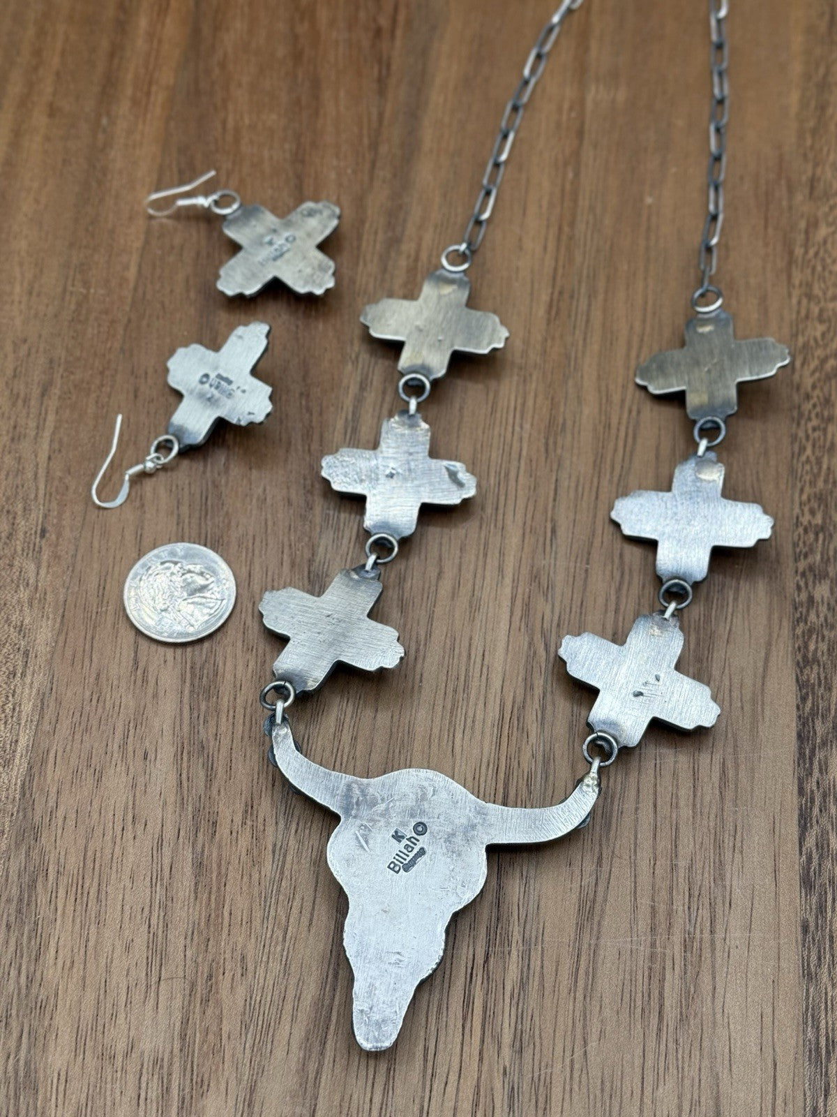 Navajo Handmade Sterling Silver Golden Hills Turquoise Longhorn Zia Necklace Set