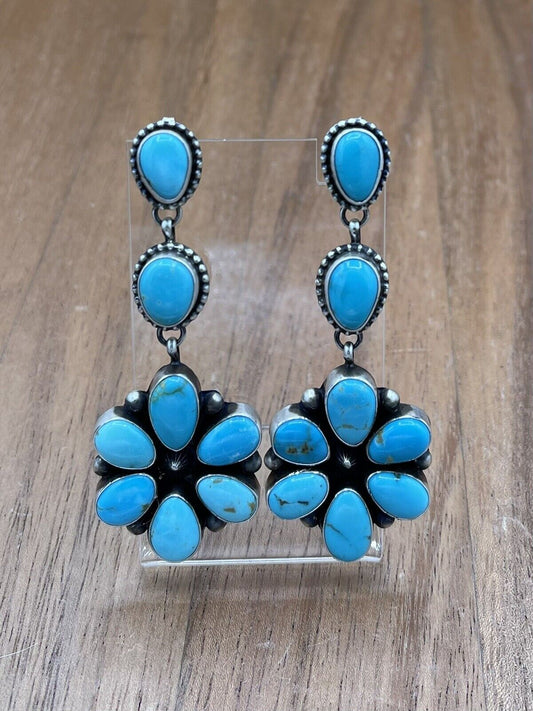 Native American Navajo Handmade Silver Kingman Turquoise Dangle Cluster Earrings